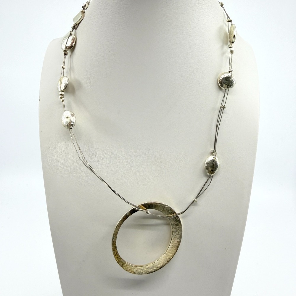 Vintage New York & Company Silver Tone Textured O Ring Multi Strand Necklace Y2K